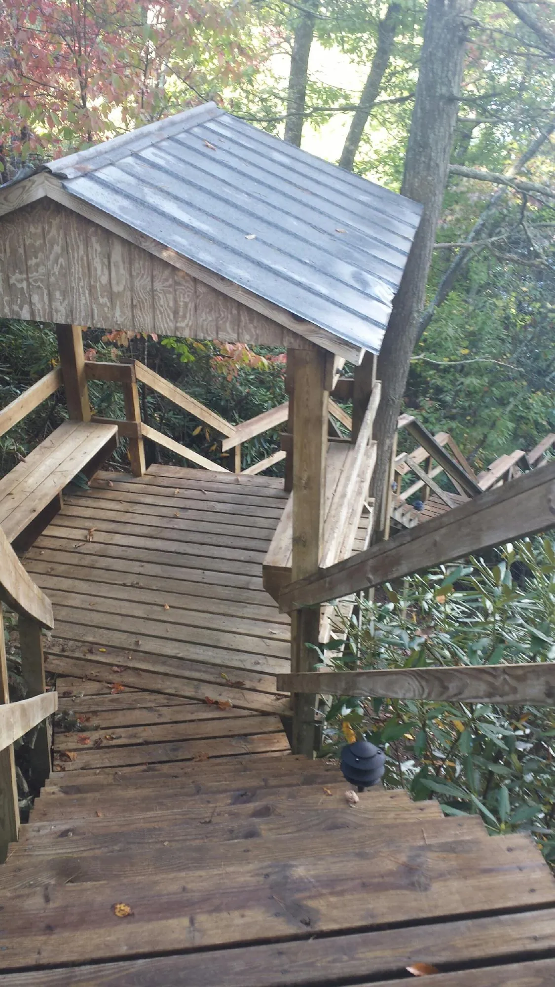Metal roofed shelter over wooden steps on a wooded walkway — Skylight Repair & Installation work by our crew in Edwall